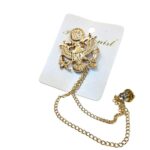 Golden Eagle Crest Lapel Pin with Chain & Rhinestone 2 Golden Eagle Crest Lapel Pin with Chain & Rhinestone