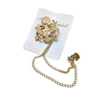 Golden Eagle Crest Lapel Pin with Chain & Rhinestone