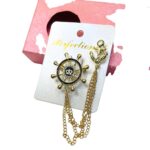 Golden Ship Wheel & Anchor Brooch with Dangle Chains 2 Golden Ship Wheel & Anchor Brooch with Dangle Chains