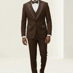 Men's Brown Slim Fit Tuxedo with Embellished Lapels