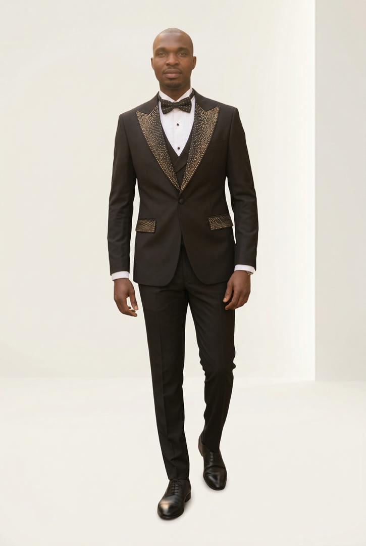 Men's Black Studded Tuxedo Suit With Gold Lapels  Tiessuitshome