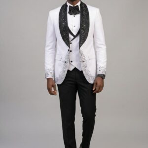 Men's White Tuxedo with Embellished Shawl Lapel