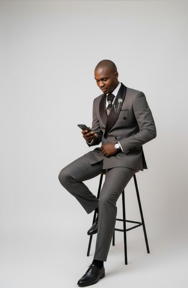 Men's Double-Breasted Gray Tuxedo Suit with Shawl Lapel