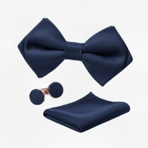 Navy Blue Bow Tie Set with Matching Pocket Square & Cufflinks