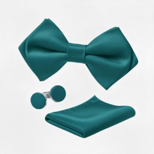 Teal Bow Tie Set: Handkerchief & Cufflinks for Men