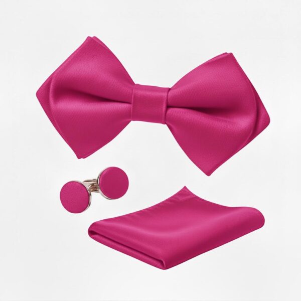 1775446343955-erklxra8qud.jpg Fuchsia Pink Satin Bow Tie, Hanky & Cufflinks Set