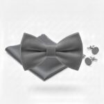 Grey Bow Tie & Pocket Square Set with Matching Cufflinks