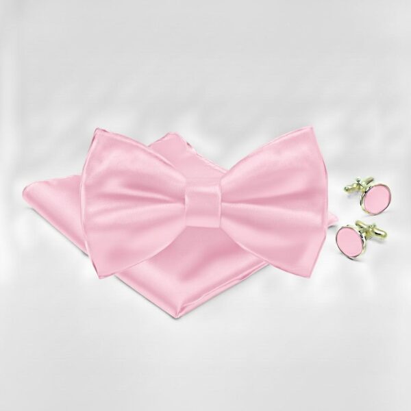 1775504718245-licu6zs4qig.jpg Pink Satin Bow Tie Set with Pocket Square and Cufflinks