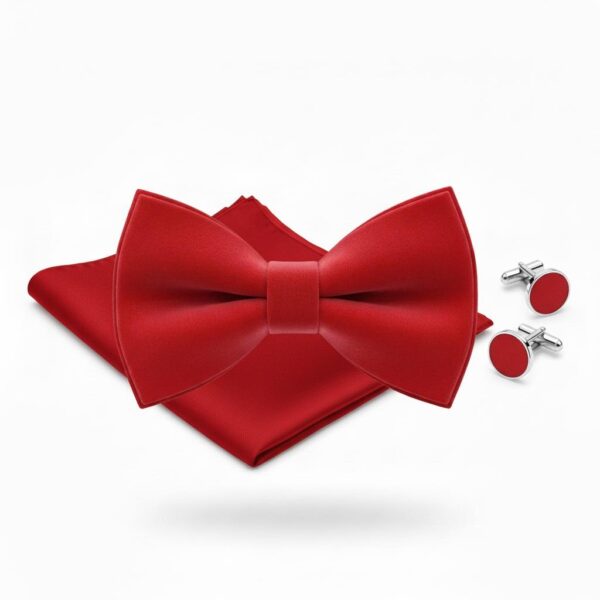 Men's Ruby Red Bow Tie Set with Pocket Square & Cufflinks