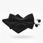 Men's Black Bow Tie Set with Pocket Square & Cufflinks 2 Men's Black Bow Tie Set with Pocket Square & Cufflinks