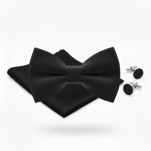 Men's Black Bow Tie Set with Pocket Square & Cufflinks