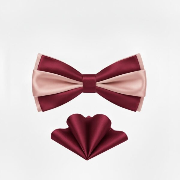 TSH Stacked Bow Tie & Pocket Square Set: Burgundy/Pink