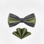 TSH Stacked Bow Tie & Pocket Square Set – Olive & Grey 1 TSH Stacked Bow Tie & Pocket Square Set – Olive & Grey