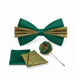 Green & Gold Paisley Bow Tie Set with Lapel Pin