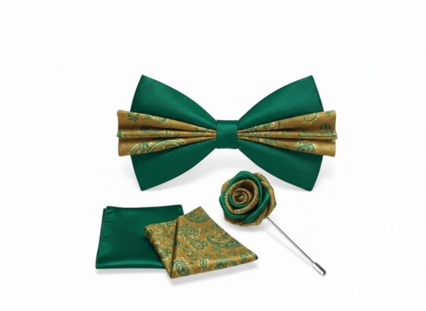 1775661990462-oilyaw3wuys.jpg Green & Gold Paisley Bow Tie Set with Lapel Pin