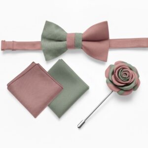 Dusty Rose & Sage Green Bow Tie Set with Lapel Pin