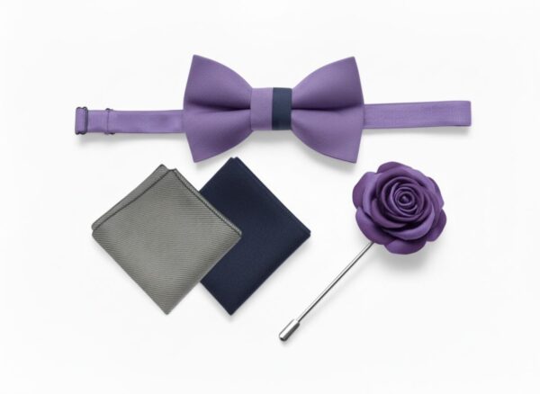 1775662972292-4s27kptrc5c.jpg Purple Bow Tie Set for Men with Pocket Squares & Pin