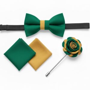 Men's Emerald & Gold Bow Tie Set with Lapel Pin