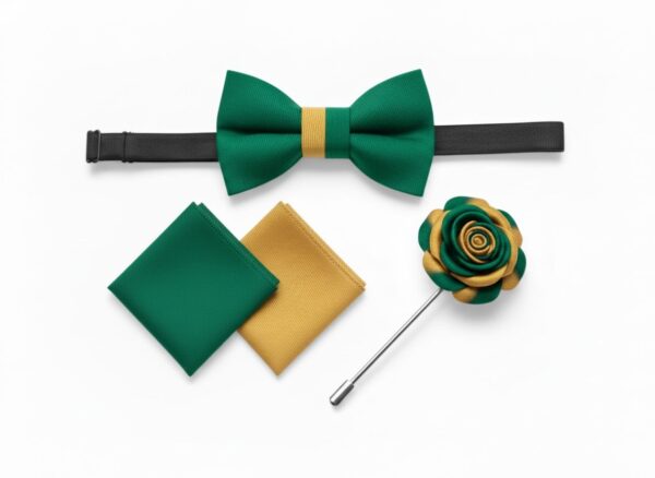 1775662991238-a76pv9upyif.jpg Men's Emerald & Gold Bow Tie Set with Lapel Pin