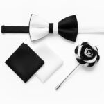 Men's Black & White Bow Tie Set with Lapel Pin & Squares