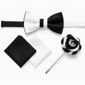 Men's Black & White Bow Tie Set with Lapel Pin & Squares