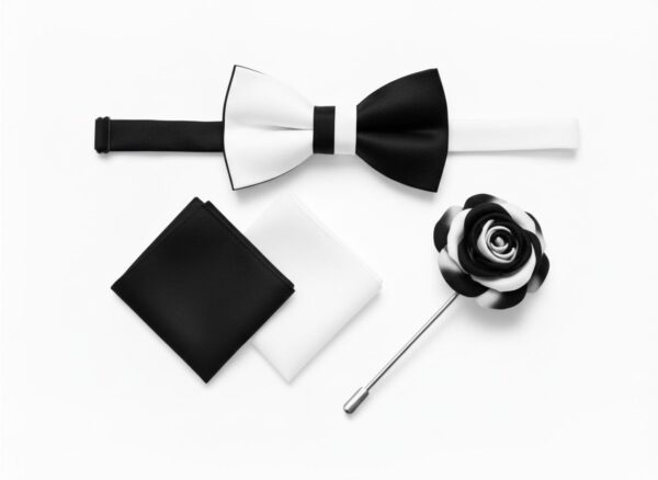 1775663008611-4orvvftma3.jpg Men's Black & White Bow Tie Set with Lapel Pin & Squares