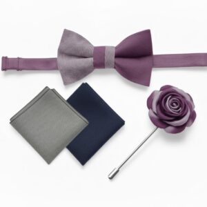 Purple Bow Tie Set: Rose Lapel Pin & Pocket Squares