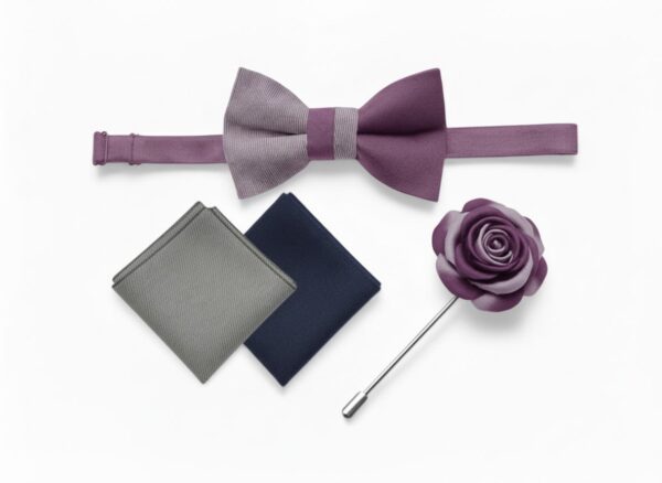1775663034918-lxbomdypdia.jpg Purple Bow Tie Set: Rose Lapel Pin & Pocket Squares