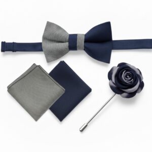 Men's Navy & Grey Bow Tie Set with Lapel Pin