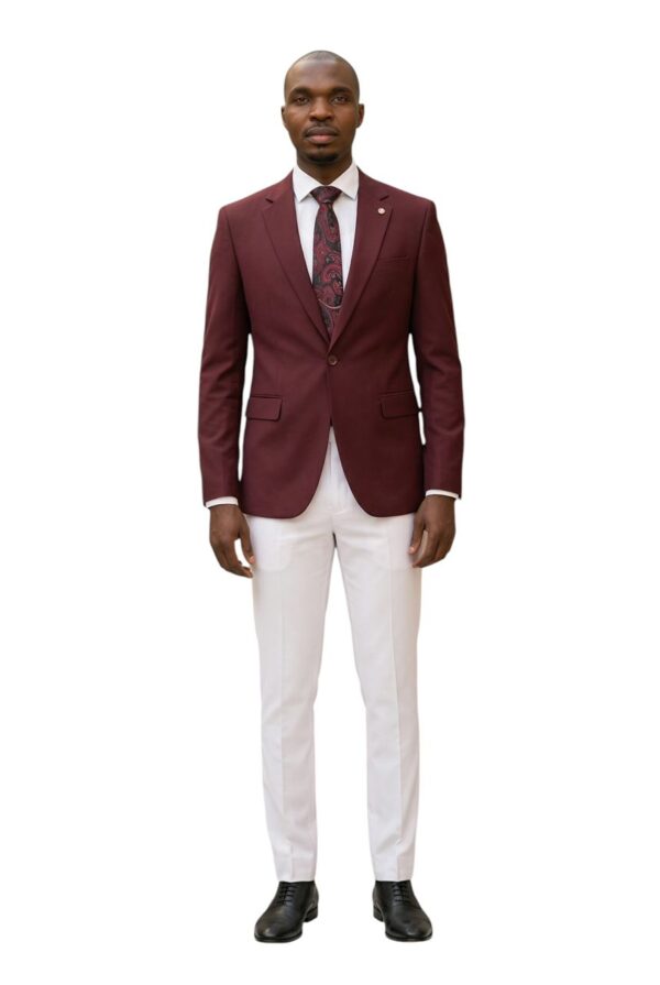 Men's Burgundy Slim-Fit Suit Jacket Formal Blazer