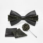 Men's Black Bow Tie Set with Olive Paisley & Lapel Pin
