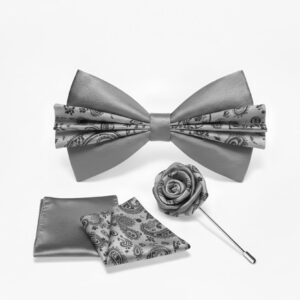 Grey Paisley Bow Tie Set with Lapel Pin & Pocket Squares