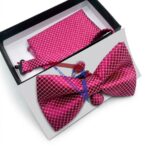 Men's Burgundy Plaid Bow Tie Set with Pocket Square