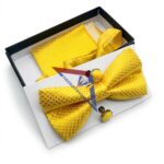 Golden Yellow Plaid Bow Tie Set with Cufflinks & Hanky