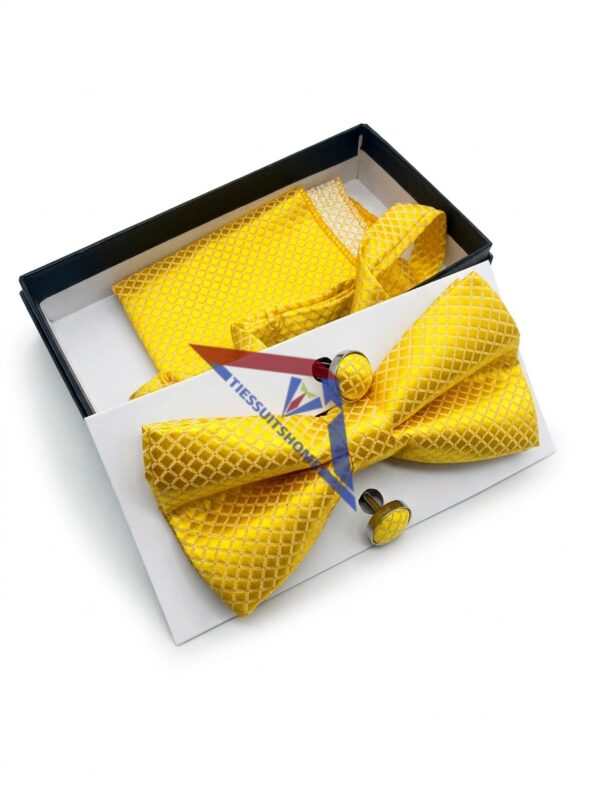 Golden Yellow Plaid Bow Tie Set with Cufflinks & Hanky