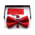 Red Bow Tie & Pocket Square Set – Textured Dapper Look