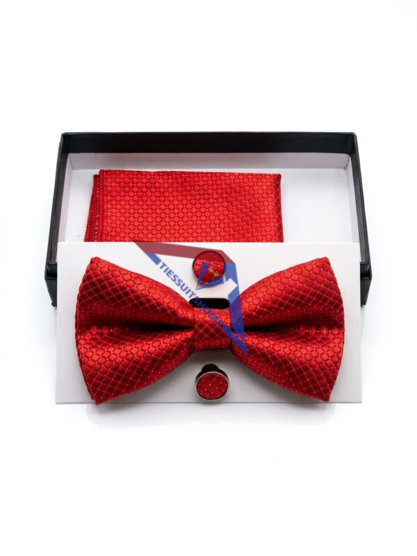 Red Bow Tie & Pocket Square Set – Textured Dapper Look