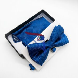 Men's Navy Blue Bow Tie Set with Pocket Square & Cufflinks