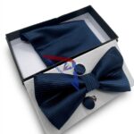 Navy Blue Bow Tie Set with Pocket Square & Cufflinks