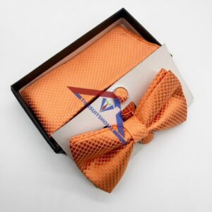Orange Bow Tie and Pocket Square Set with Cufflinks