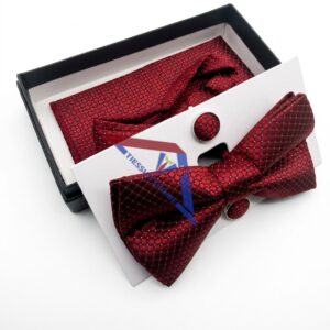 Red Patterned Bow Tie & Pocket Square Set for Men