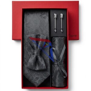 Black Floral Tie Set with Cufflinks & Pocket Square
