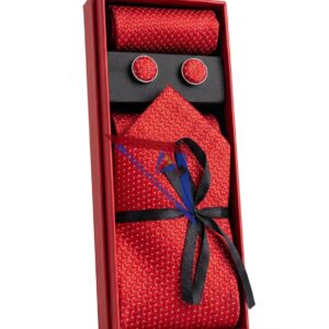 Men's Red Patterned Tie Set with Cufflinks & Handkerchief