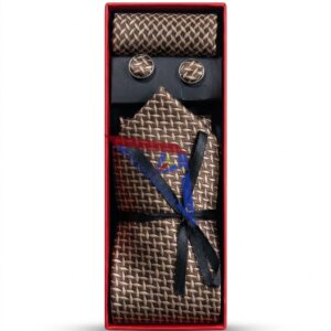 Brown Patterned Tie Set with Cufflinks & Pocket Square